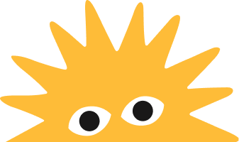 A bright yellow cartoon sun or starburst shape with two white eyes and black pupils on a plain white background.